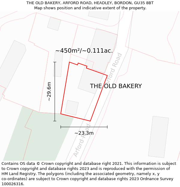 THE OLD BAKERY, ARFORD ROAD, HEADLEY, BORDON, GU35 8BT: Plot and title map