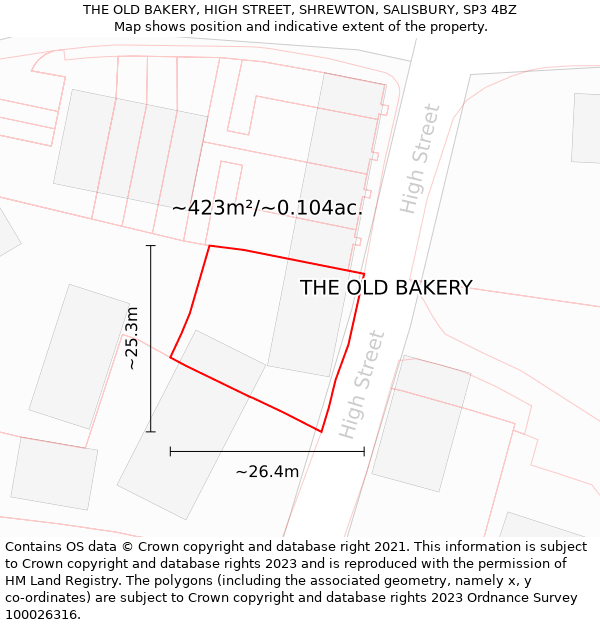 THE OLD BAKERY, HIGH STREET, SHREWTON, SALISBURY, SP3 4BZ: Plot and title map