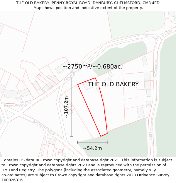 THE OLD BAKERY, PENNY ROYAL ROAD, DANBURY, CHELMSFORD, CM3 4ED: Plot and title map