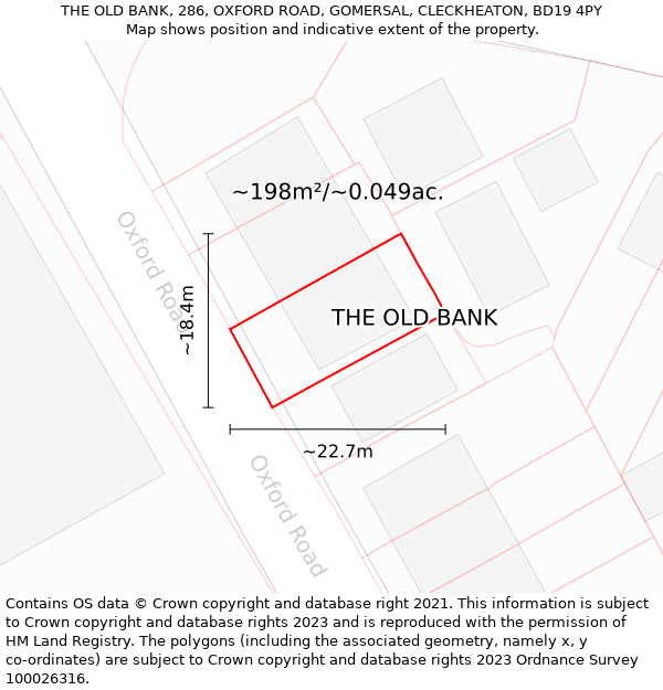 THE OLD BANK, 286, OXFORD ROAD, GOMERSAL, CLECKHEATON, BD19 4PY: Plot and title map