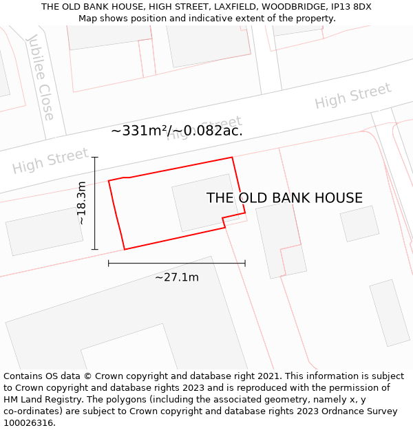 THE OLD BANK HOUSE, HIGH STREET, LAXFIELD, WOODBRIDGE, IP13 8DX: Plot and title map