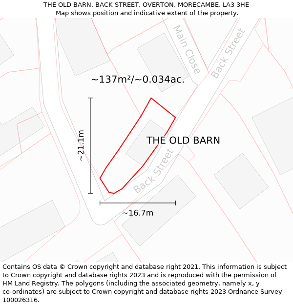 THE OLD BARN, BACK STREET, OVERTON, MORECAMBE, LA3 3HE: Plot and title map