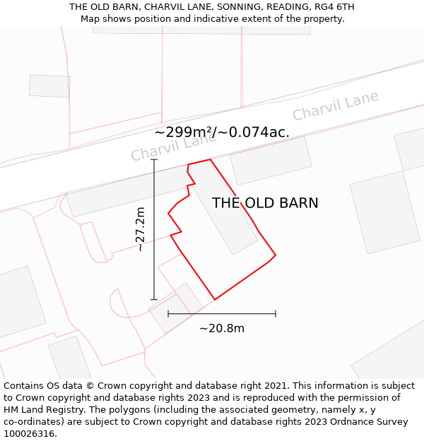 THE OLD BARN, CHARVIL LANE, SONNING, READING, RG4 6TH: Plot and title map