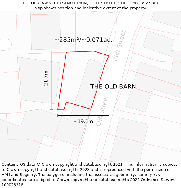 THE OLD BARN, CHESTNUT FARM, CLIFF STREET, CHEDDAR, BS27 3PT: Plot and title map