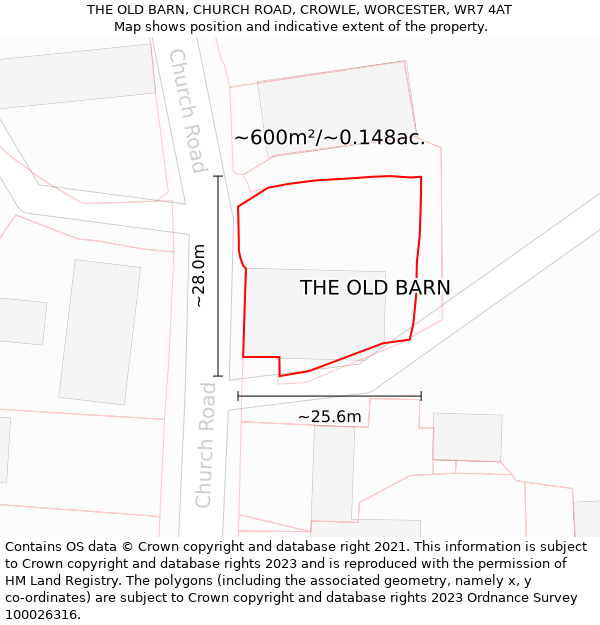 THE OLD BARN, CHURCH ROAD, CROWLE, WORCESTER, WR7 4AT: Plot and title map