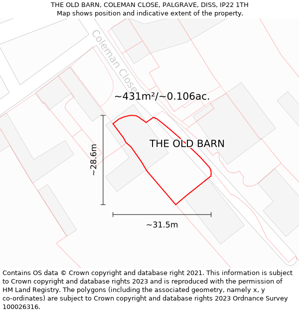 THE OLD BARN, COLEMAN CLOSE, PALGRAVE, DISS, IP22 1TH: Plot and title map