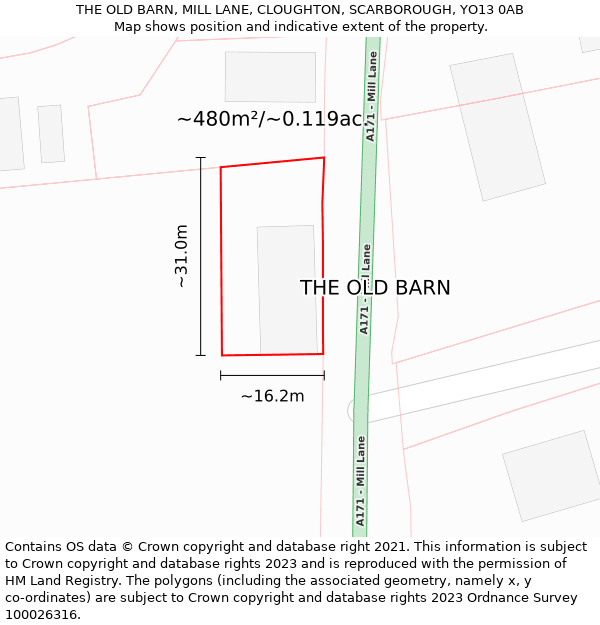 THE OLD BARN, MILL LANE, CLOUGHTON, SCARBOROUGH, YO13 0AB: Plot and title map