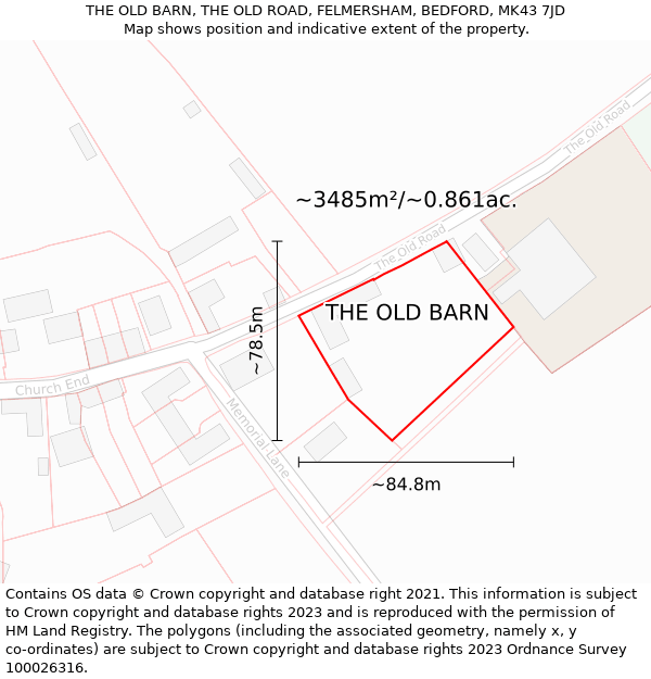 THE OLD BARN, THE OLD ROAD, FELMERSHAM, BEDFORD, MK43 7JD: Plot and title map
