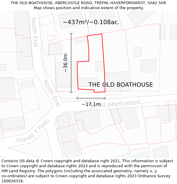 THE OLD BOATHOUSE, ABERCASTLE ROAD, TREFIN, HAVERFORDWEST, SA62 5AR: Plot and title map