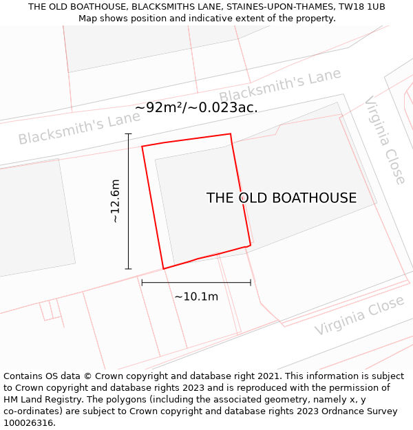 THE OLD BOATHOUSE, BLACKSMITHS LANE, STAINES-UPON-THAMES, TW18 1UB: Plot and title map