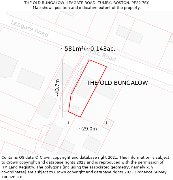 THE OLD BUNGALOW, LEAGATE ROAD, TUMBY, BOSTON, PE22 7SY: Plot and title map