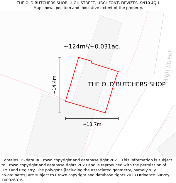 THE OLD BUTCHERS SHOP, HIGH STREET, URCHFONT, DEVIZES, SN10 4QH: Plot and title map