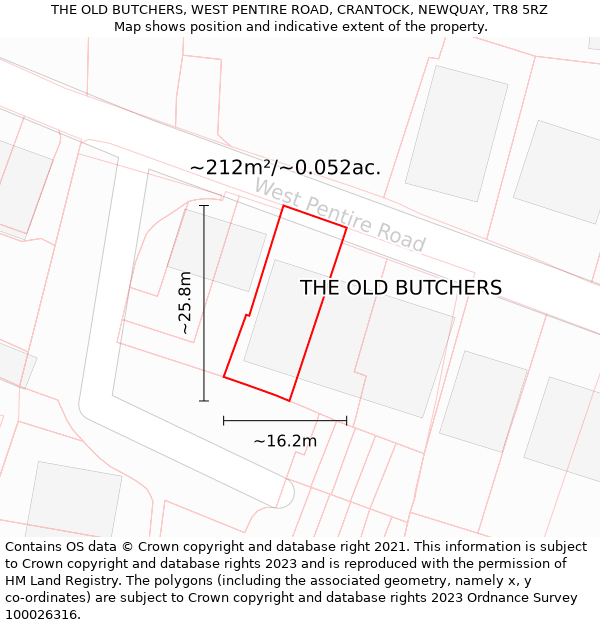 THE OLD BUTCHERS, WEST PENTIRE ROAD, CRANTOCK, NEWQUAY, TR8 5RZ: Plot and title map