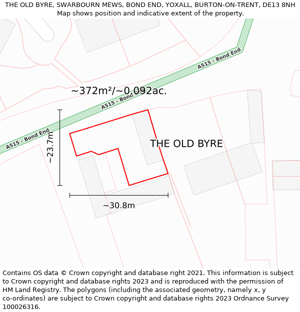 THE OLD BYRE, SWARBOURN MEWS, BOND END, YOXALL, BURTON-ON-TRENT, DE13 8NH: Plot and title map