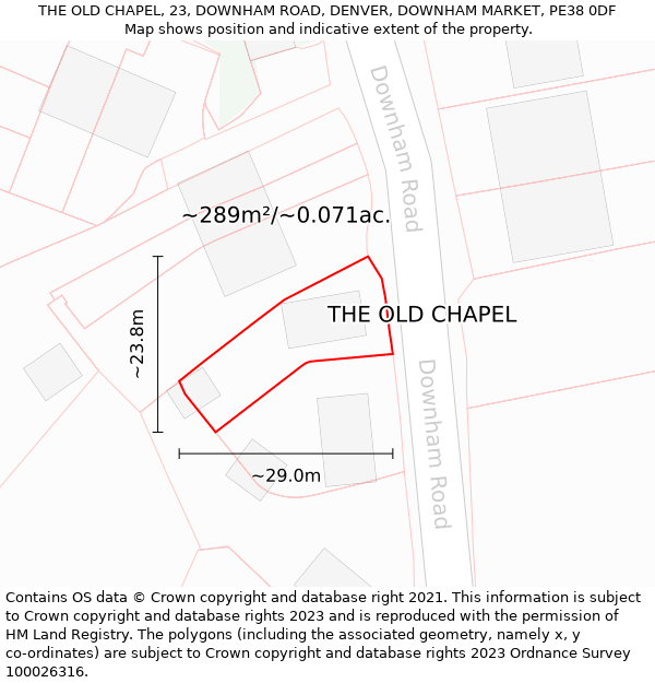 THE OLD CHAPEL, 23, DOWNHAM ROAD, DENVER, DOWNHAM MARKET, PE38 0DF: Plot and title map