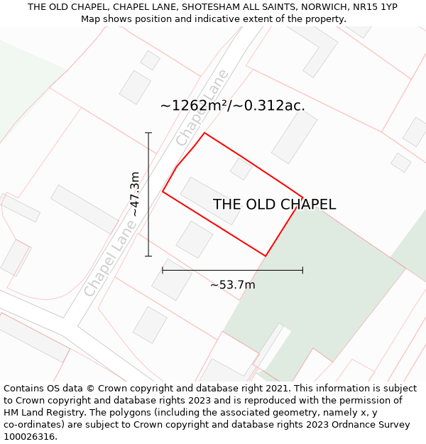 THE OLD CHAPEL, CHAPEL LANE, SHOTESHAM ALL SAINTS, NORWICH, NR15 1YP: Plot and title map