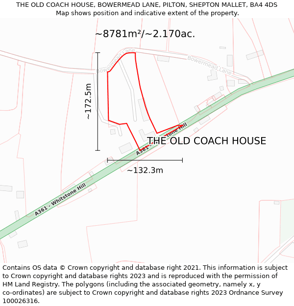 THE OLD COACH HOUSE, BOWERMEAD LANE, PILTON, SHEPTON MALLET, BA4 4DS: Plot and title map