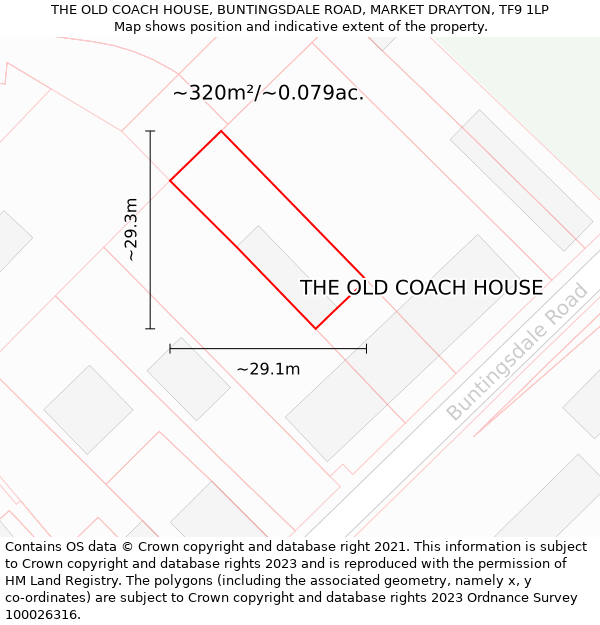 THE OLD COACH HOUSE, BUNTINGSDALE ROAD, MARKET DRAYTON, TF9 1LP: Plot and title map