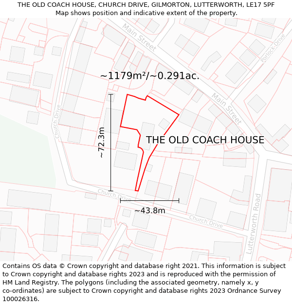 THE OLD COACH HOUSE, CHURCH DRIVE, GILMORTON, LUTTERWORTH, LE17 5PF: Plot and title map