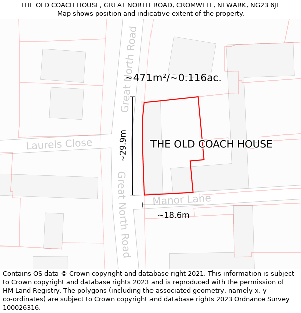 THE OLD COACH HOUSE, GREAT NORTH ROAD, CROMWELL, NEWARK, NG23 6JE: Plot and title map