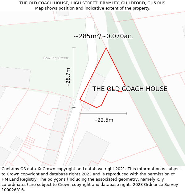 THE OLD COACH HOUSE, HIGH STREET, BRAMLEY, GUILDFORD, GU5 0HS: Plot and title map