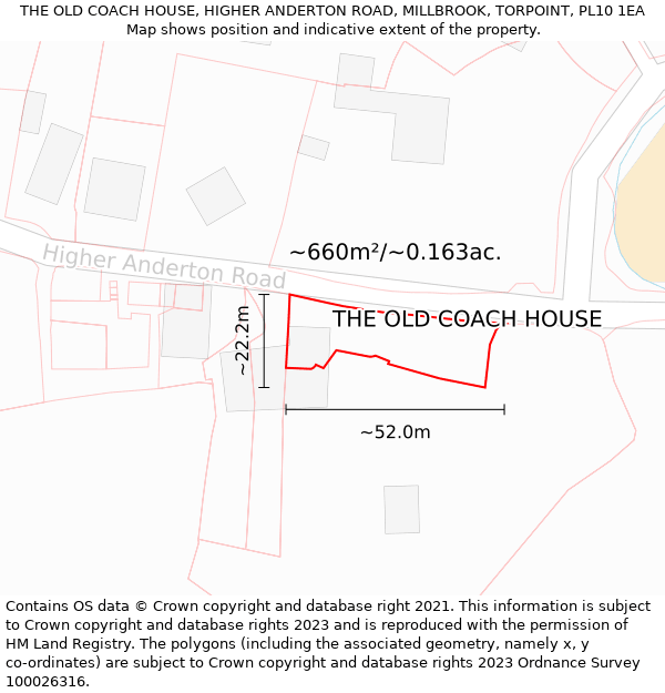 THE OLD COACH HOUSE, HIGHER ANDERTON ROAD, MILLBROOK, TORPOINT, PL10 1EA: Plot and title map