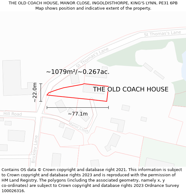 THE OLD COACH HOUSE, MANOR CLOSE, INGOLDISTHORPE, KING'S LYNN, PE31 6PB: Plot and title map