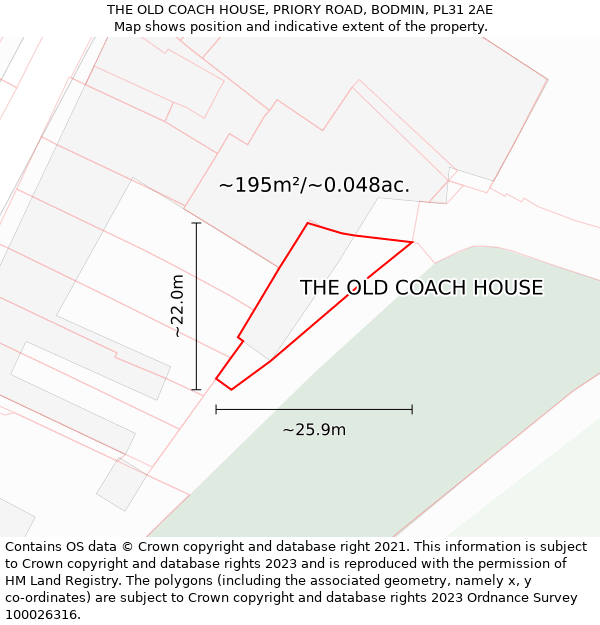 THE OLD COACH HOUSE, PRIORY ROAD, BODMIN, PL31 2AE: Plot and title map