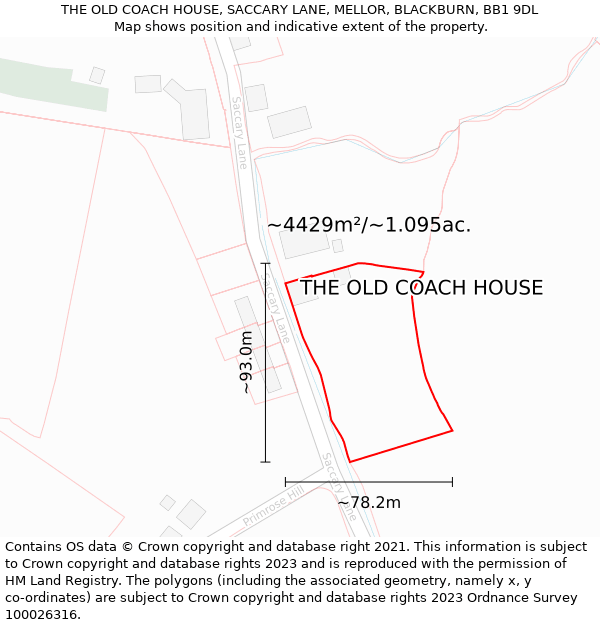 THE OLD COACH HOUSE, SACCARY LANE, MELLOR, BLACKBURN, BB1 9DL: Plot and title map