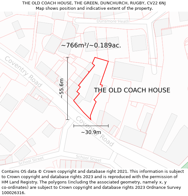 THE OLD COACH HOUSE, THE GREEN, DUNCHURCH, RUGBY, CV22 6NJ: Plot and title map