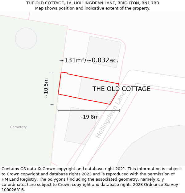 THE OLD COTTAGE, 1A, HOLLINGDEAN LANE, BRIGHTON, BN1 7BB: Plot and title map