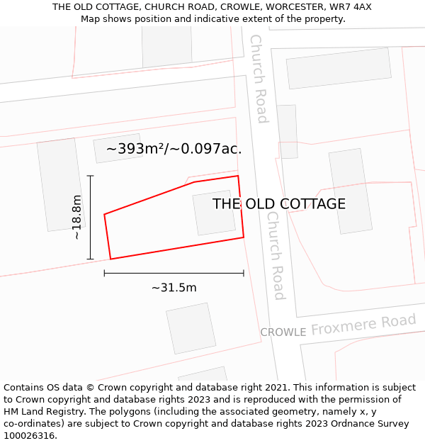 THE OLD COTTAGE, CHURCH ROAD, CROWLE, WORCESTER, WR7 4AX: Plot and title map