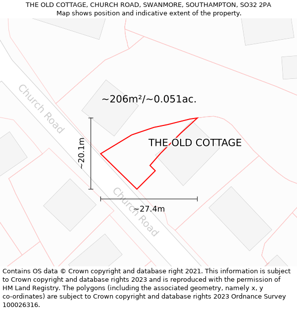 THE OLD COTTAGE, CHURCH ROAD, SWANMORE, SOUTHAMPTON, SO32 2PA: Plot and title map