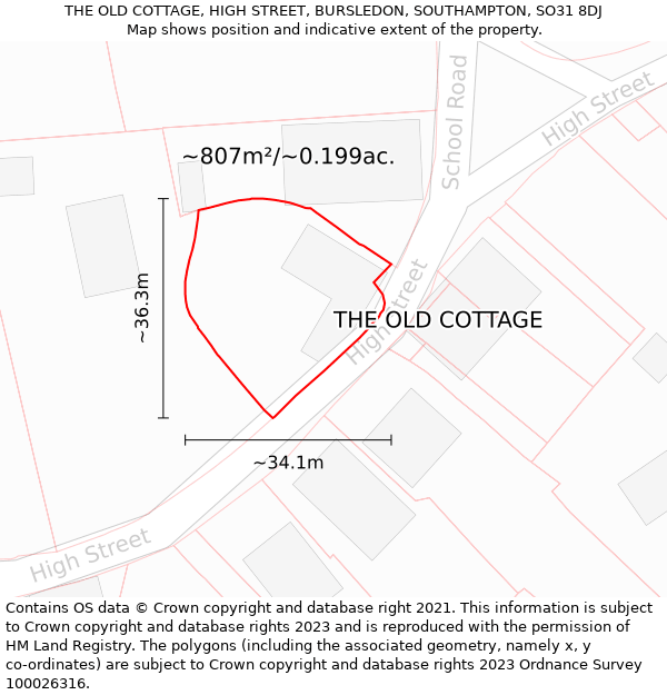 THE OLD COTTAGE, HIGH STREET, BURSLEDON, SOUTHAMPTON, SO31 8DJ: Plot and title map