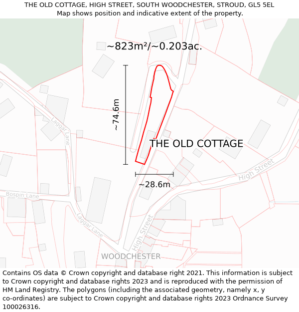 THE OLD COTTAGE, HIGH STREET, SOUTH WOODCHESTER, STROUD, GL5 5EL: Plot and title map