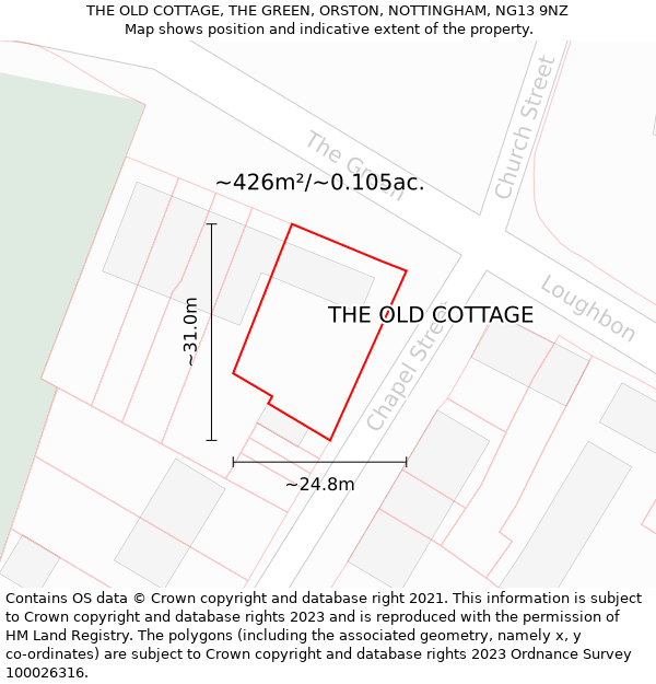 THE OLD COTTAGE, THE GREEN, ORSTON, NOTTINGHAM, NG13 9NZ: Plot and title map