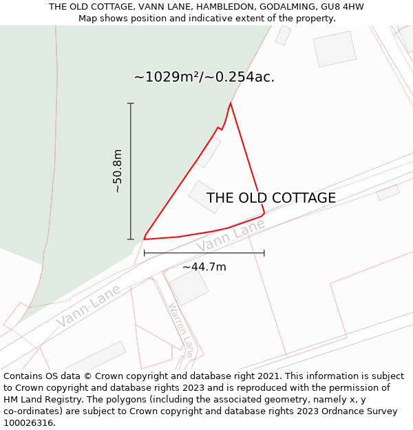 THE OLD COTTAGE, VANN LANE, HAMBLEDON, GODALMING, GU8 4HW: Plot and title map
