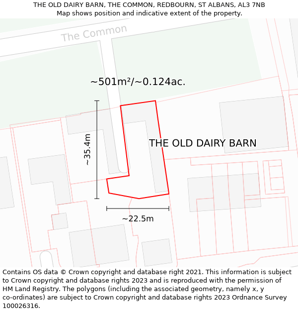 THE OLD DAIRY BARN, THE COMMON, REDBOURN, ST ALBANS, AL3 7NB: Plot and title map