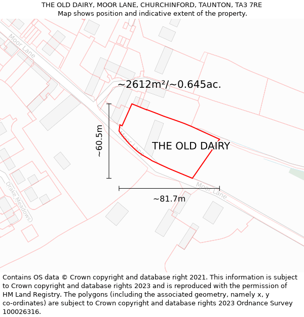 THE OLD DAIRY, MOOR LANE, CHURCHINFORD, TAUNTON, TA3 7RE: Plot and title map