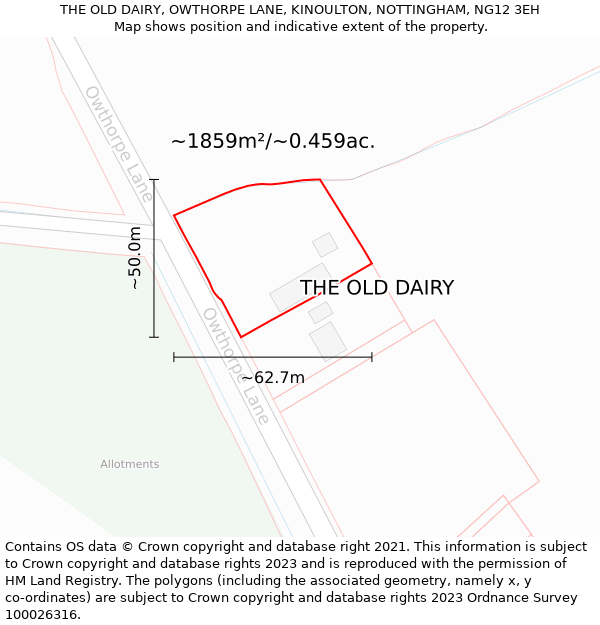 THE OLD DAIRY, OWTHORPE LANE, KINOULTON, NOTTINGHAM, NG12 3EH: Plot and title map