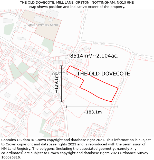 THE OLD DOVECOTE, MILL LANE, ORSTON, NOTTINGHAM, NG13 9NE: Plot and title map