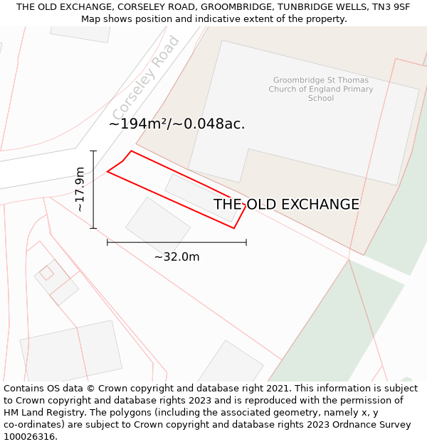 THE OLD EXCHANGE, CORSELEY ROAD, GROOMBRIDGE, TUNBRIDGE WELLS, TN3 9SF: Plot and title map