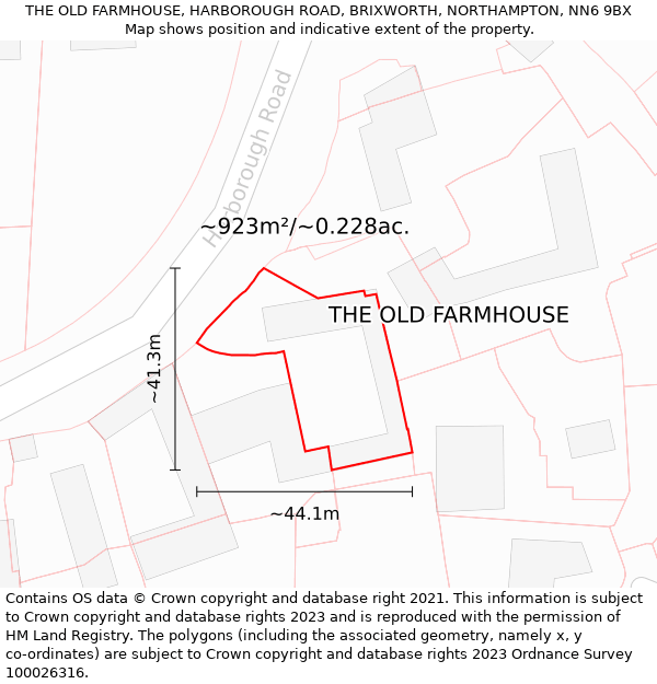 THE OLD FARMHOUSE, HARBOROUGH ROAD, BRIXWORTH, NORTHAMPTON, NN6 9BX: Plot and title map