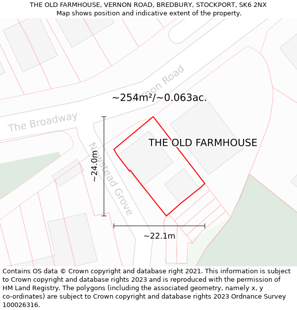 THE OLD FARMHOUSE, VERNON ROAD, BREDBURY, STOCKPORT, SK6 2NX: Plot and title map