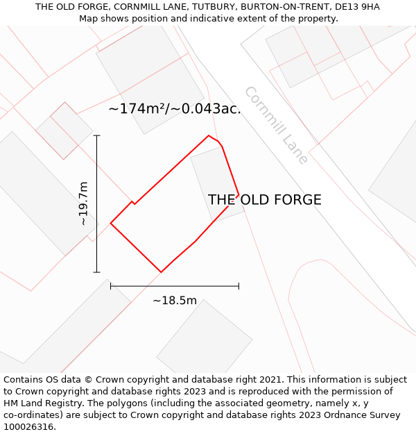 THE OLD FORGE, CORNMILL LANE, TUTBURY, BURTON-ON-TRENT, DE13 9HA: Plot and title map