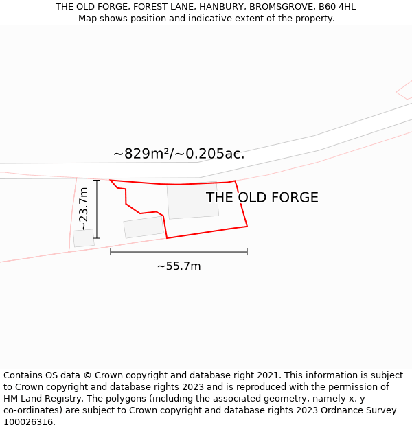 THE OLD FORGE, FOREST LANE, HANBURY, BROMSGROVE, B60 4HL: Plot and title map