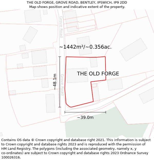 THE OLD FORGE, GROVE ROAD, BENTLEY, IPSWICH, IP9 2DD: Plot and title map