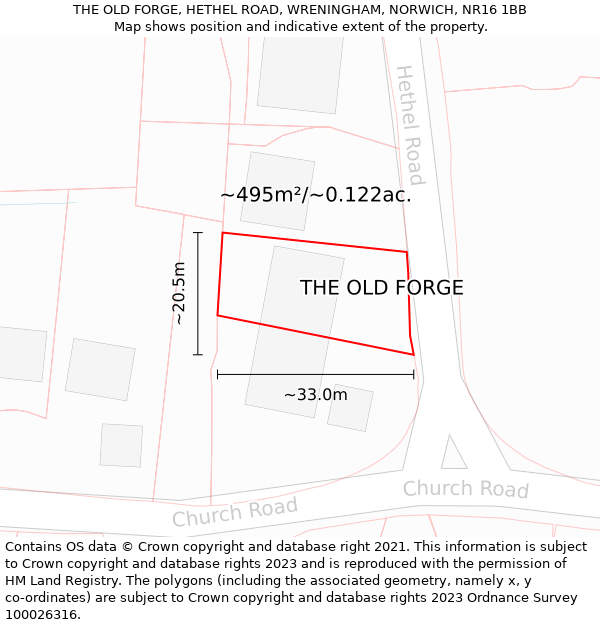 THE OLD FORGE, HETHEL ROAD, WRENINGHAM, NORWICH, NR16 1BB: Plot and title map