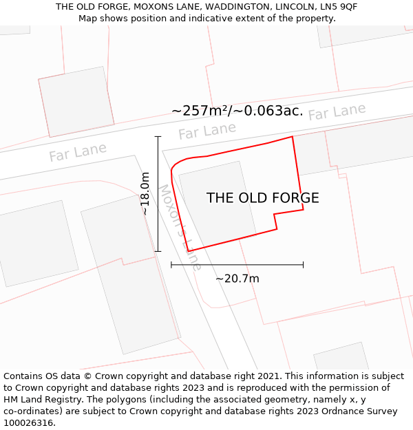 THE OLD FORGE, MOXONS LANE, WADDINGTON, LINCOLN, LN5 9QF: Plot and title map