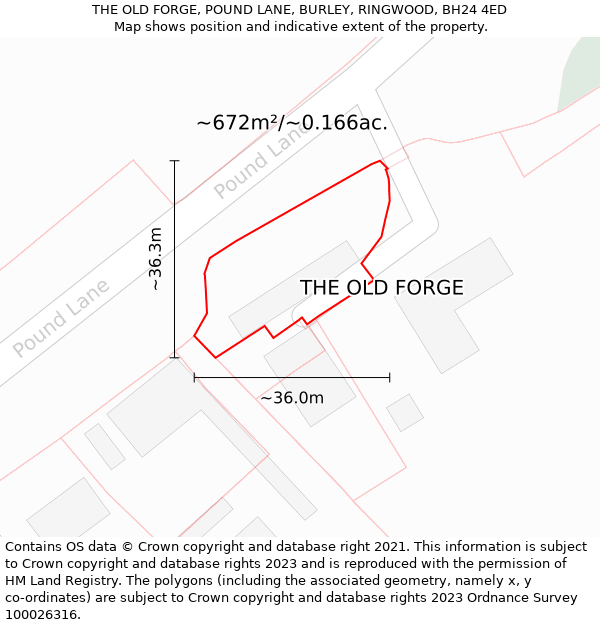 THE OLD FORGE, POUND LANE, BURLEY, RINGWOOD, BH24 4ED: Plot and title map